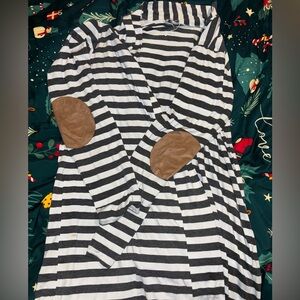 Grey & White Striped Cardigan w/ Tan Suede Elbow Patches | Size XL